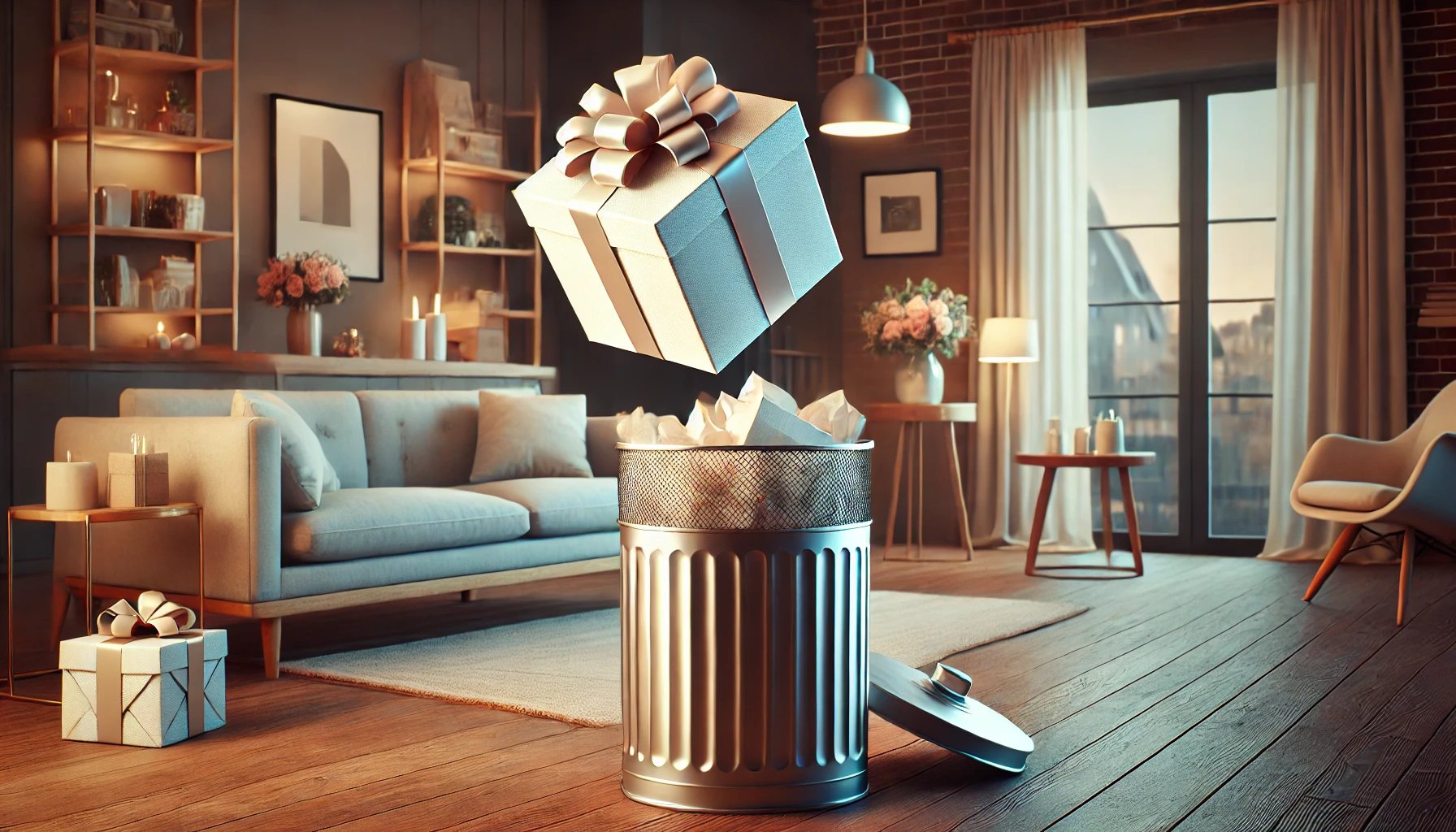 쓰레기통에 버려지는 쓸모없는 선물 상자