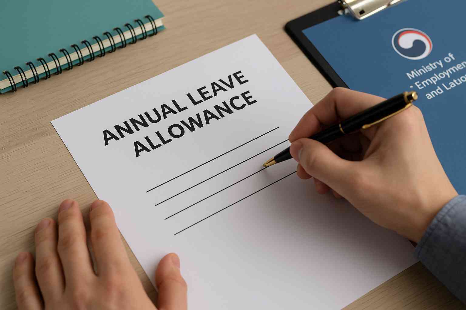 연차 수당 신청서를 작성 중인 장면으로, 책상 위에 서류를 고정한 손과 펜으로 작성하는 손이 함께 나타남