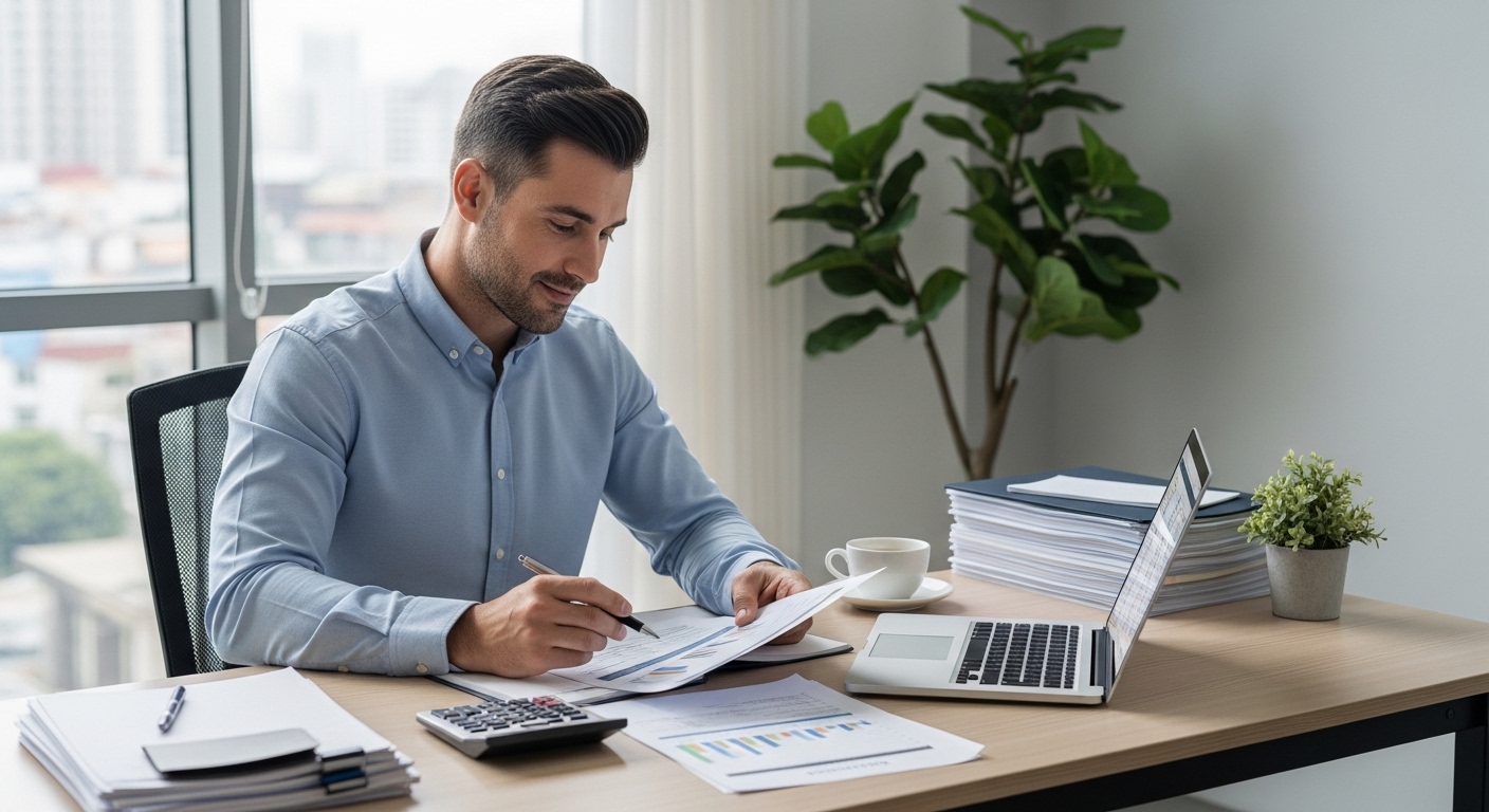 2026년 소상공인 정책자금 신청을 준비하며 서류를 검토하는 자영업자 모습