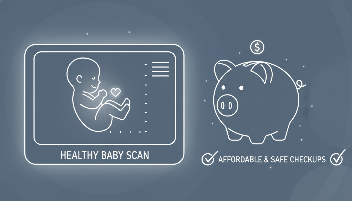 신생아 딤플 정밀 초음파 기기와 검사 비용을 상징하는 저금통 일러스트