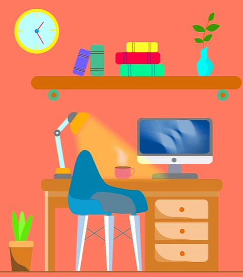 책상 앞에 노트북과 책들이 있고 파란 의자가 있는 방이다. 벽지는 분홍색이고 노란 벽시계가 걸려있다.