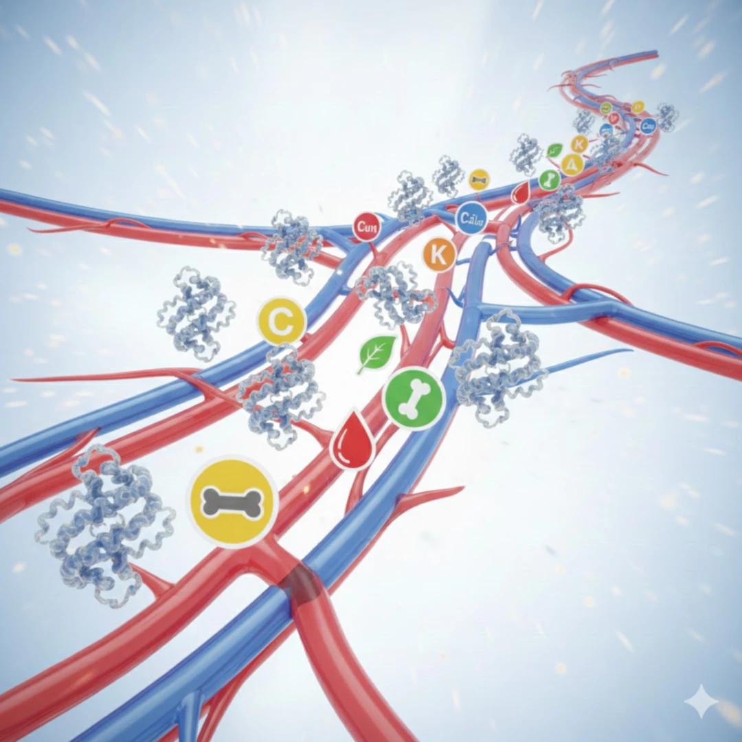 혈관을 연상시키는 통로를 따라 다양한 비타민&amp;#44; 미네랄 아이콘들이 이동하고&amp;#44; 알부민 분자가 이를 에스코트하는 모습의 인포그래픽 이미지입니다. 역동적이면서도 체계적인 느낌을 줍니다.