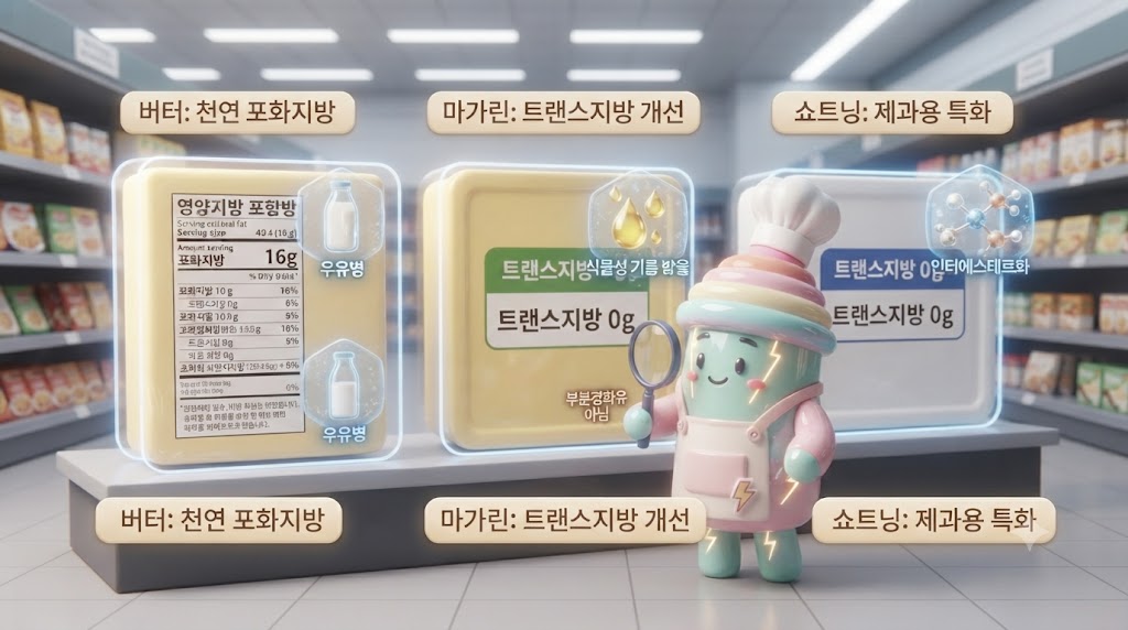 쫀쿠가 '마트 식품 라벨 분석대'에서 버터&middot;마가린&middot;쇼트닝의 영양 성분표를 입체적으로 비교하고 있습니다. 버터는 '천연 포화지방'이 강조되고, 과거 트랜스지방의 주범이었던 마가린과 쇼트닝은 최근 기술로 개선된 '트랜스지방 0g' 라벨과 함께 '완전경화유'&middot;'인터에스테르화유' 설명이 홀로그램으로 뜹니다. 쫀쿠가 돋보기를 들고 라벨의 작은 글씨까지 꼼꼼히 확인하며 '현명한 라벨 읽기'를 권하고 있습니다.