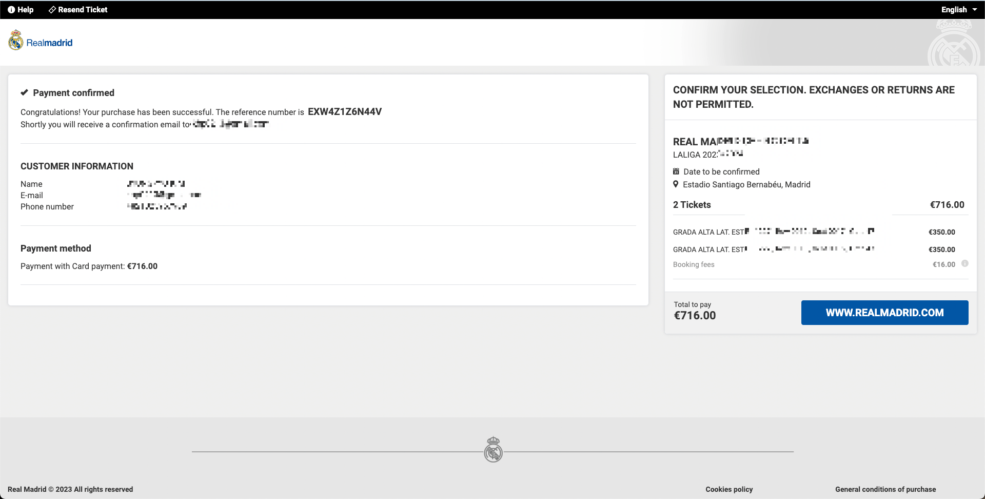 레알마드리드 공식홈페이지 티켓 결제 완료 예매 완료