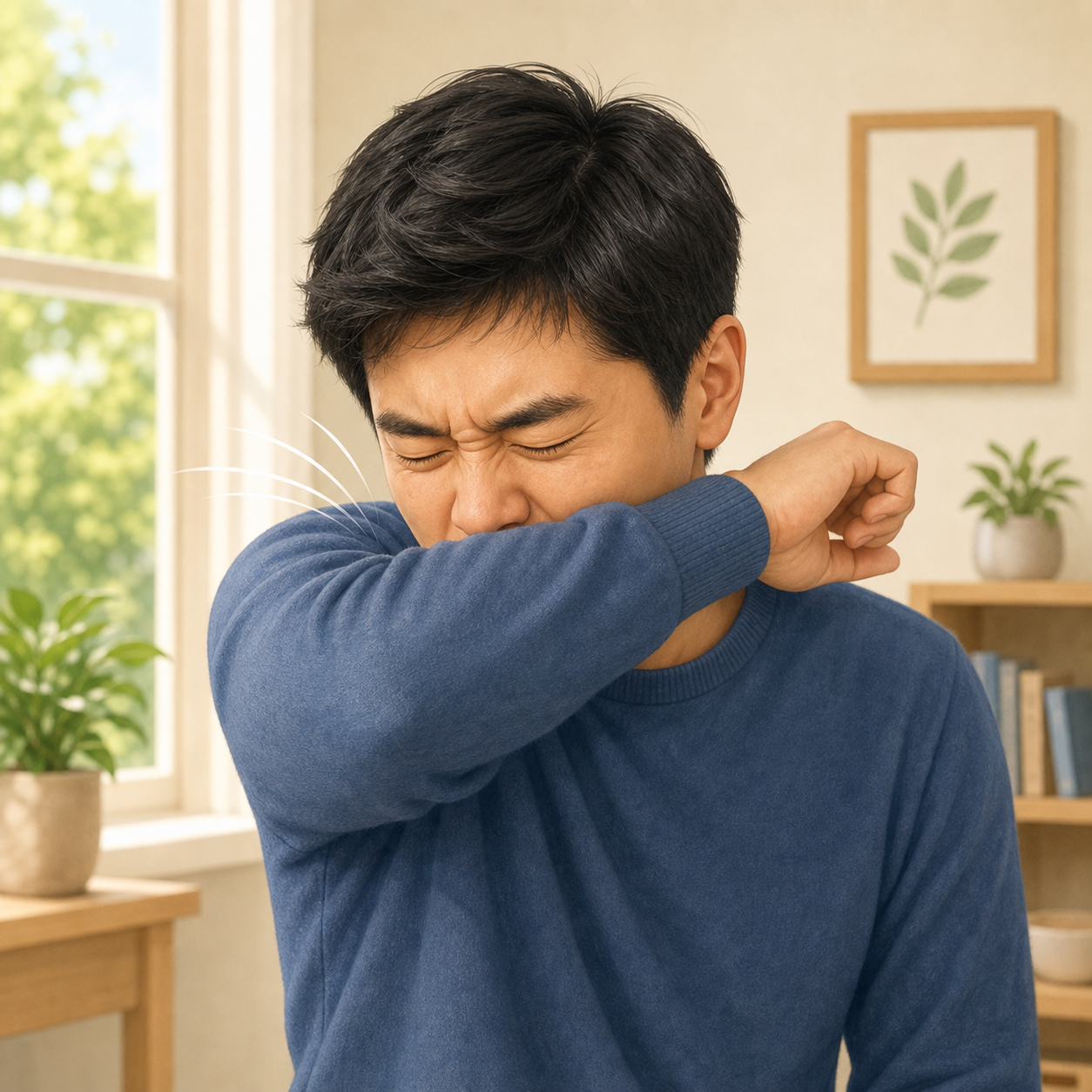 A person sneezing into their elbow in a clean indoor room