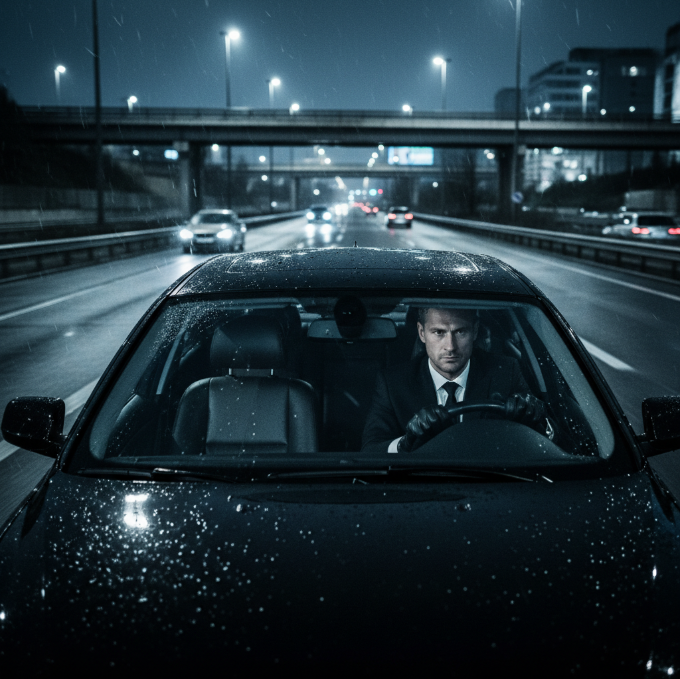 트랜스포터3 라스트미션 원작 분위기 - 검은 정장 남성이 빗속 야간 고속도로를 냉혹한 표정으로 운전하는 장면