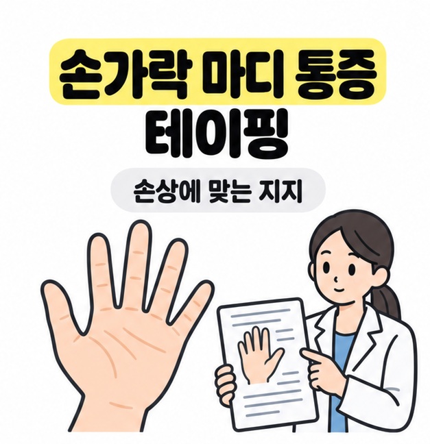 손가락 마디 통증 테이핑 제목 아래 편안하게 펼친 손과 손상에 맞는 지지를 설명하는 의료진의 안내 그림