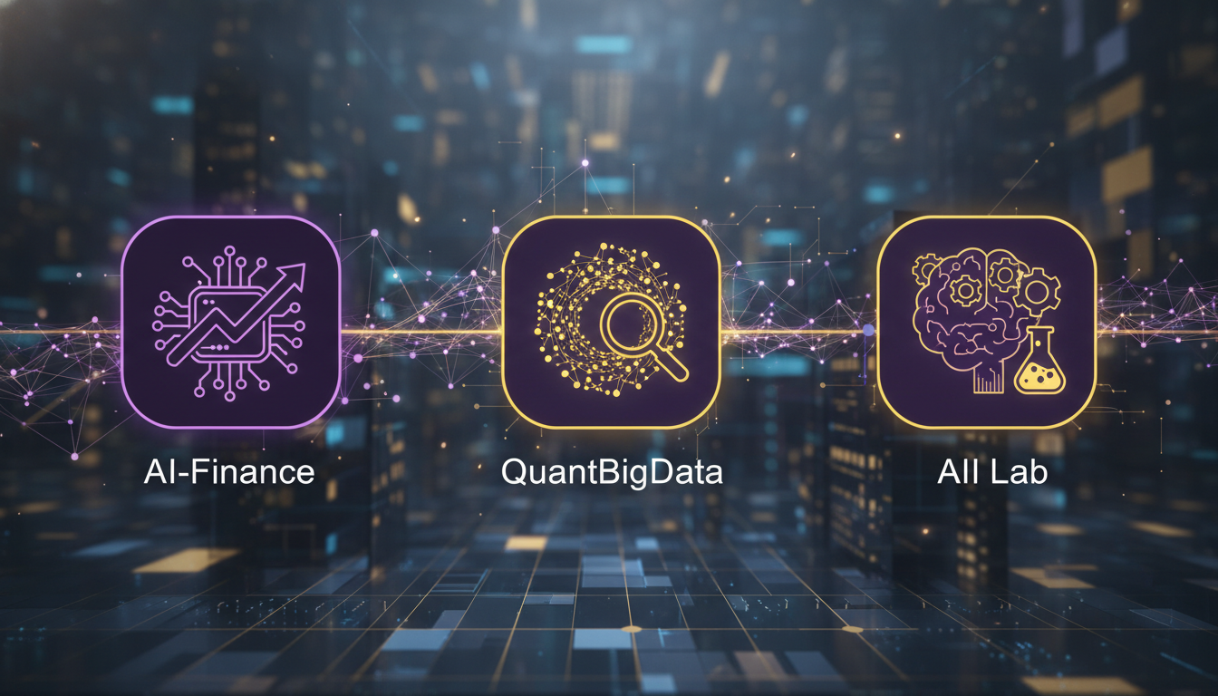 선도적인 터보퀀트 기업들을 상징하는 3개의 아이콘이 신경망으로 연결된 모습. AI 기반 금융 기술의 혁신과 리더십을 보라색과 노란색으로 표현합니다.