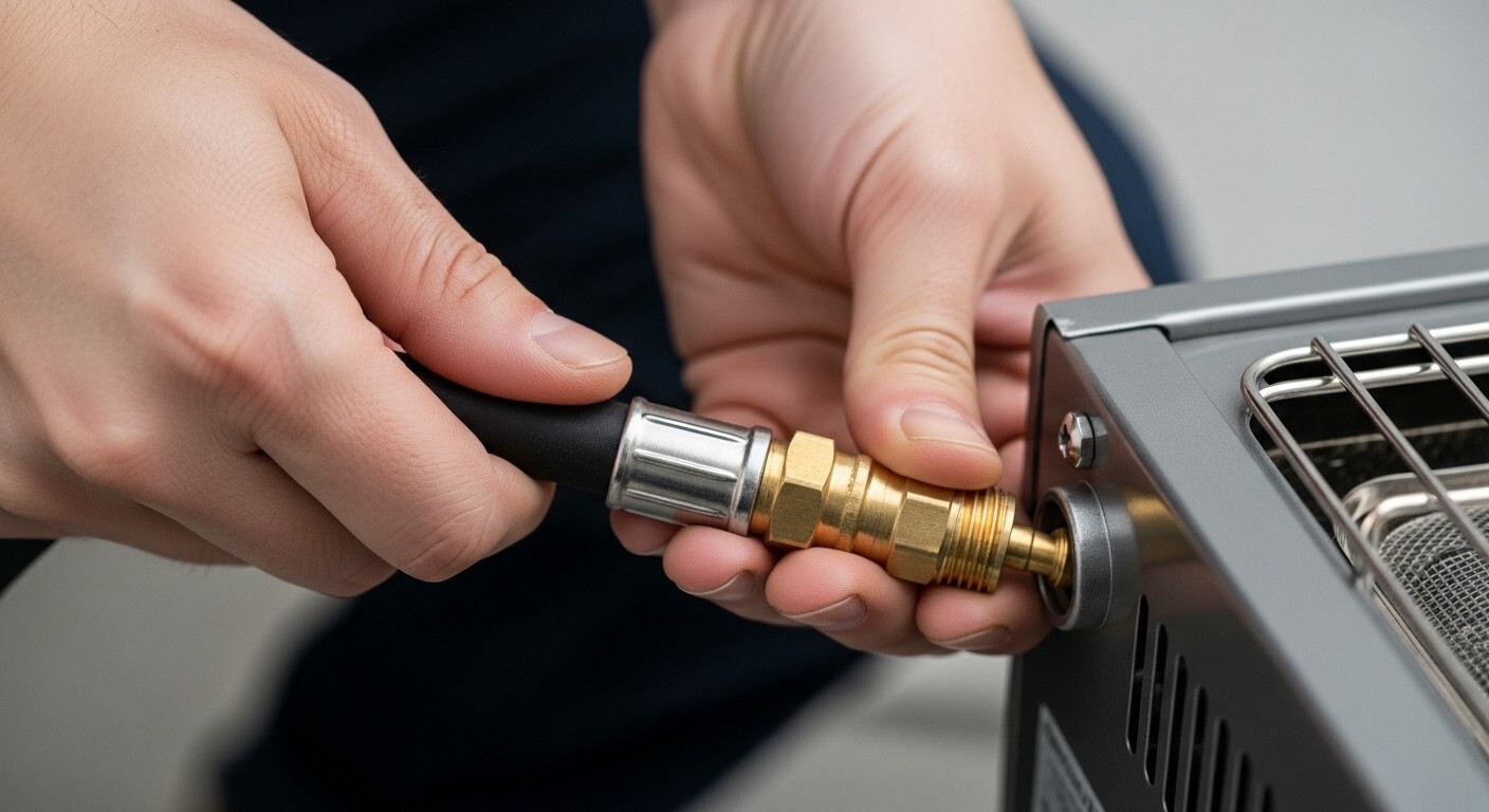 가스 기기에 호스를 연결하는 손