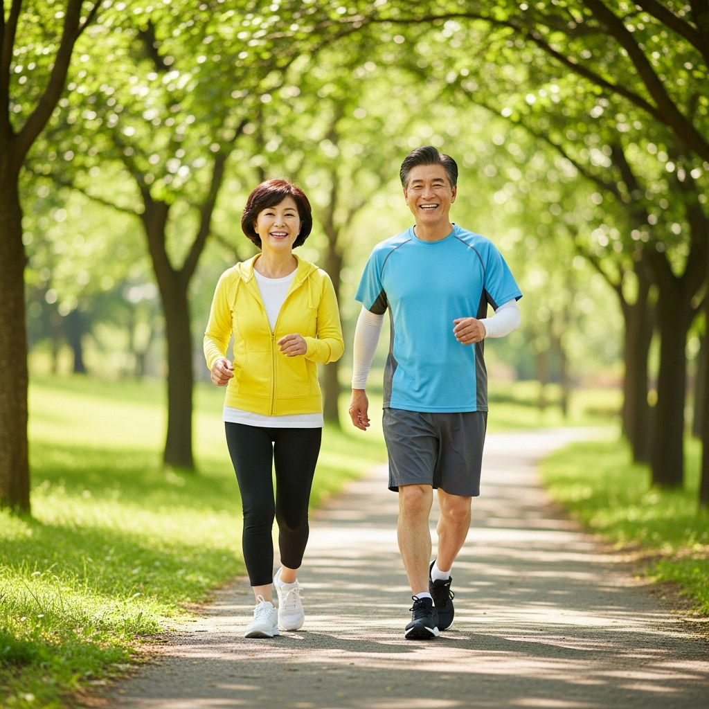 공원에서 활기차게 걷기 운동을 하는 50대 중년 부부