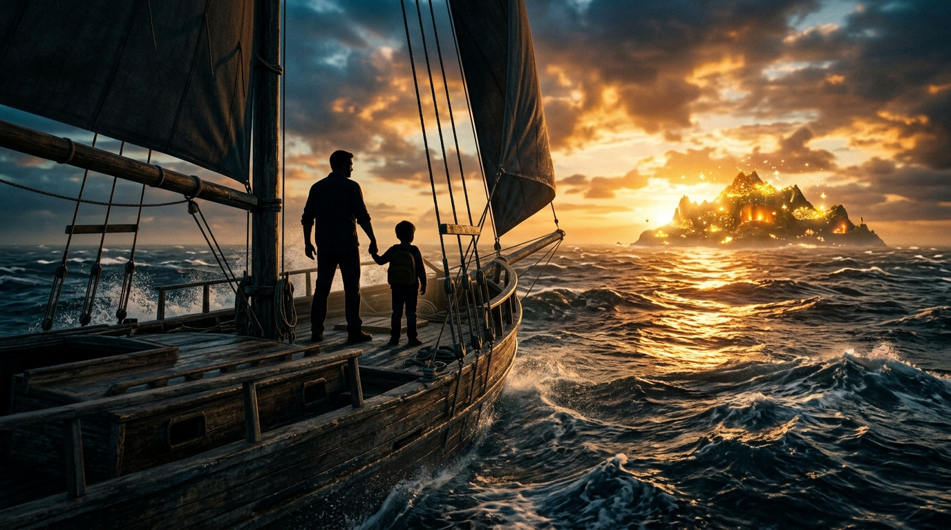 거친 파도를 헤치고 보물섬을 향해 나아가는 배 위에서 아이와 함께 수평선을 바라보는 아빠의 모습