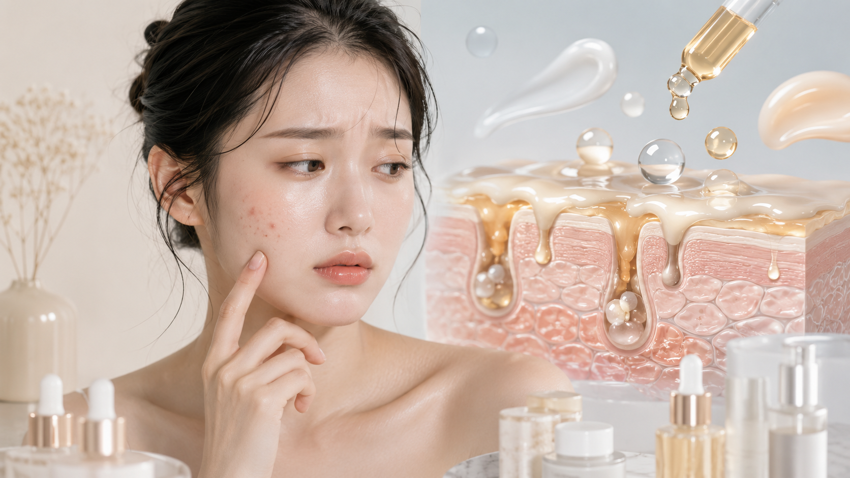 과도한 앰플 영양이 피부 표면과 모공에 부담을 주는 모습