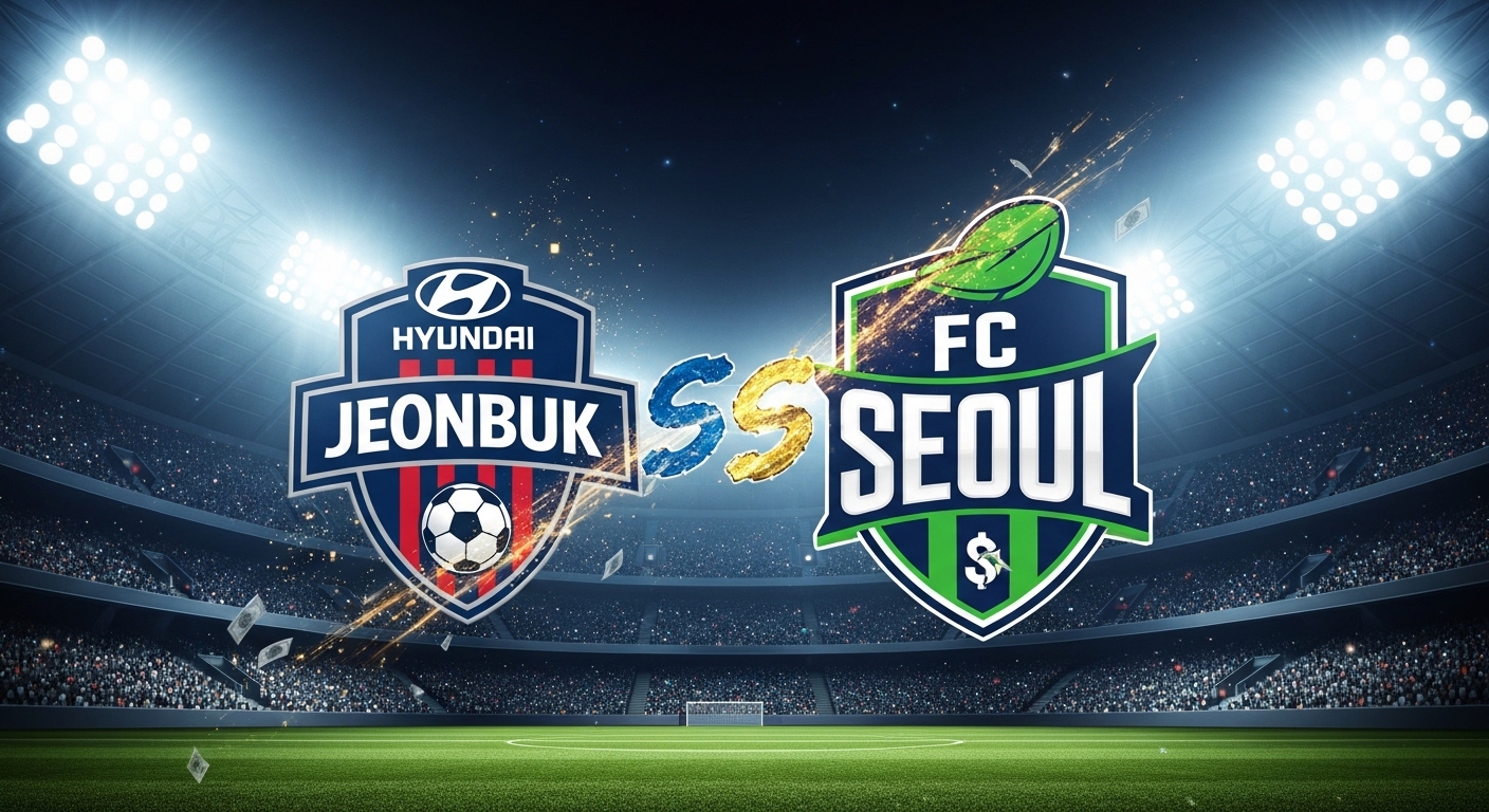 2026 K리그 이적 시장의 뜨거운 분위기를 상징하는 전북 현대와 FC서울 로고, 선수 이적료를 암시하는 돈의 이미지가 역동적으로 결합된 모습.