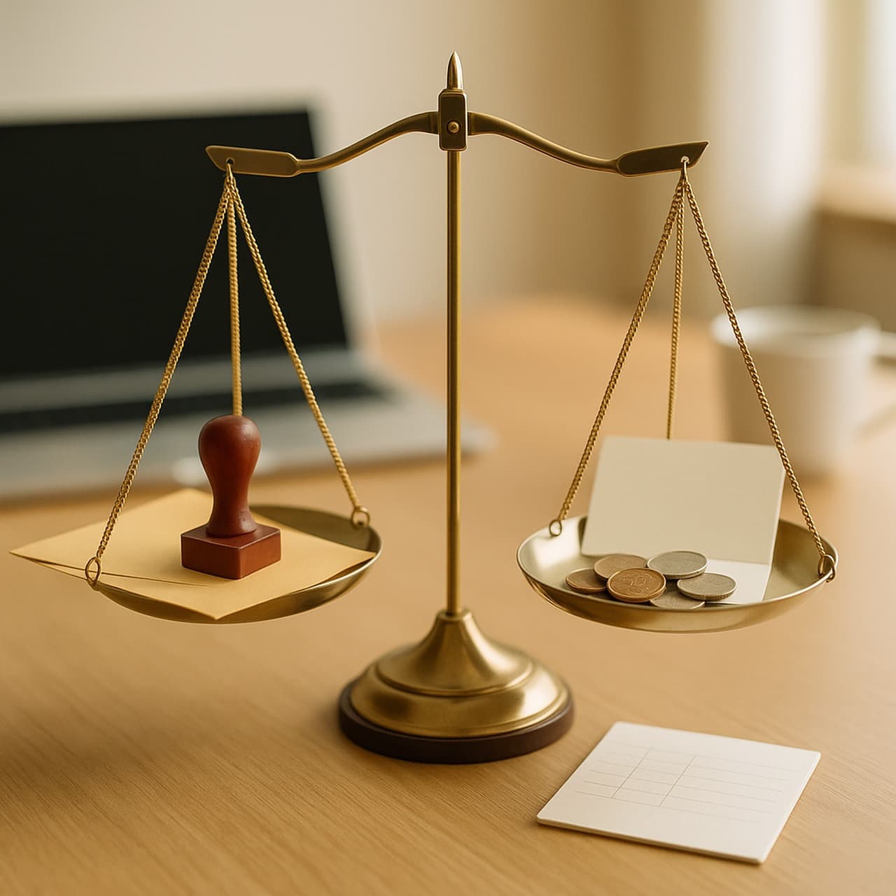 금속 균형 저울의 왼쪽 트레이에는 도장과 서류 봉투, 오른쪽 트레이에는 동전과 무지 통장이 놓여 있고 뒤로 흐릿한 노트북과 커피잔이 보이는 사무실 배경 이미지