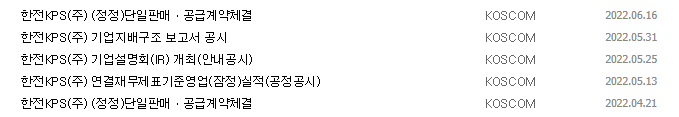 한전KPS 중요 공시 목록