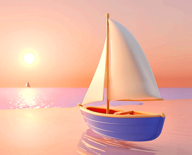 하얀 천이 펼쳐진 돛단배가 해변에 있고 뒤에 바다가 보이는 아름다운 그림이다.