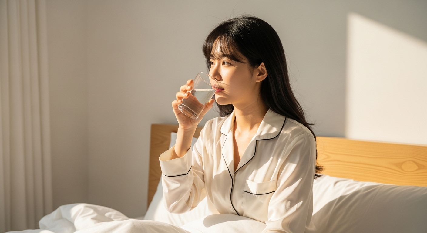 아침 기상 후 물 한 잔을 마시는 여성