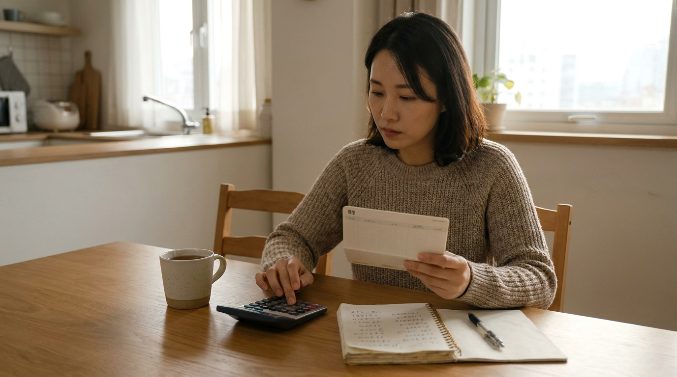 계산기와 통장을 보는 여성