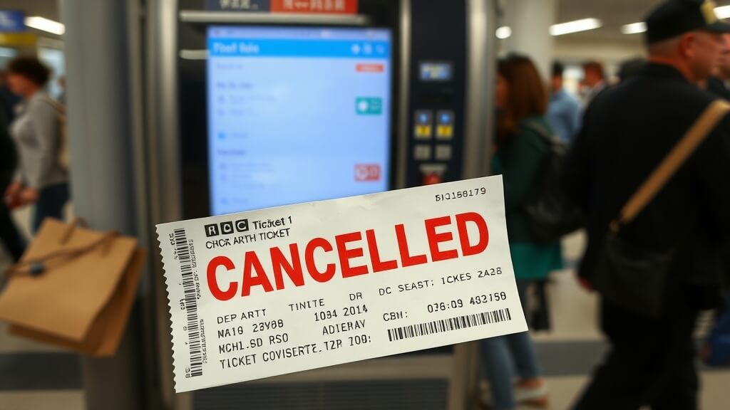 기차역 발권기 앞에 버려지거나 취소된 기차표&amp;#44; 그리고 망연자실한 표정으로 전광판을 바라보는 여행객들의 모습.