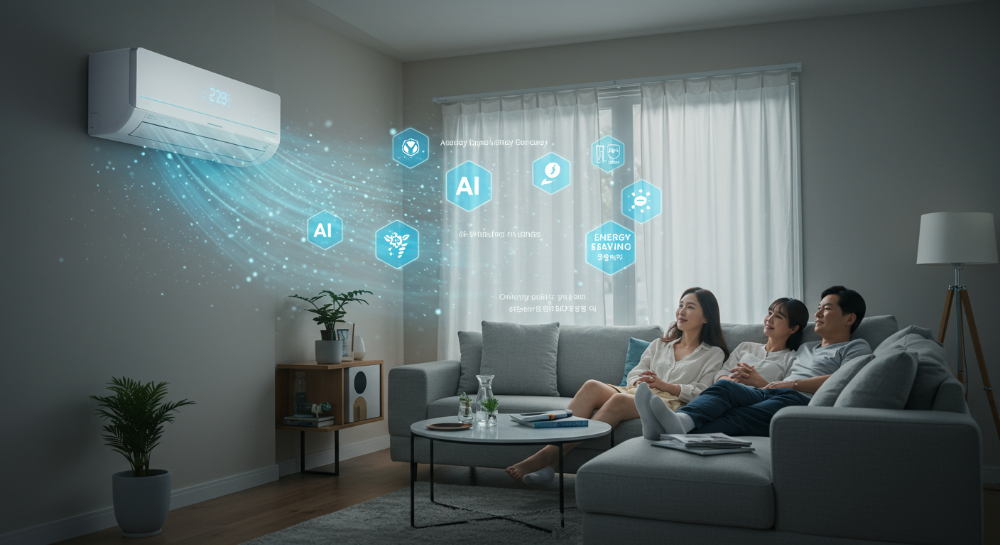 2025년형 벽걸이 에어컨의 무풍, AI, 절전 기능 아이콘과 함께 시원한 실내에서 쉬고 있는 가족의 모습을 담은 이미지. 최신 에어컨의 편안하고 효율적인 사용 환경을 보여줌.