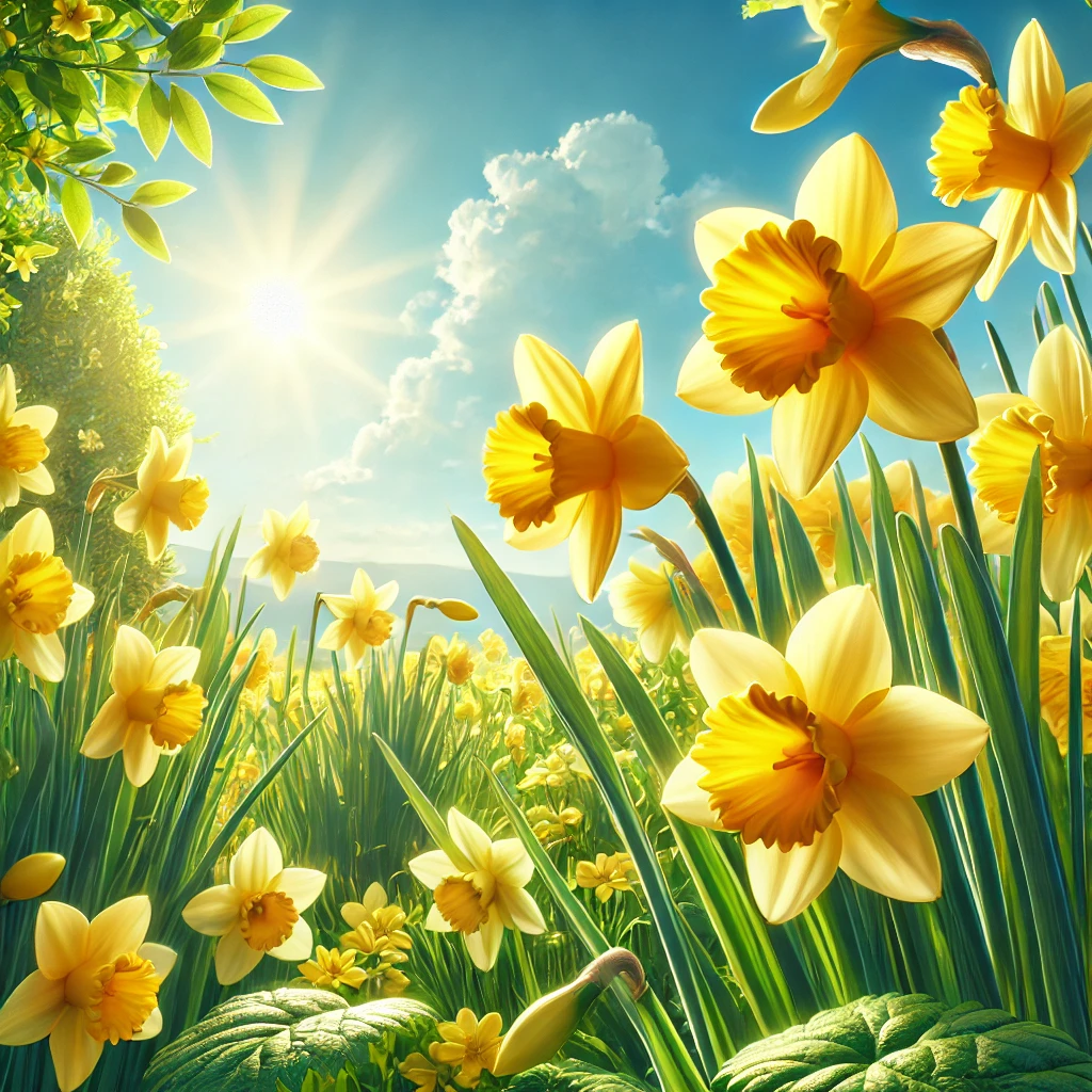 봄 정원에서 만개한 노란 수선화 (Narcissus pseudonarcissus), 푸른 하늘과 햇살이 비치는 아름다운 풍경&quot;