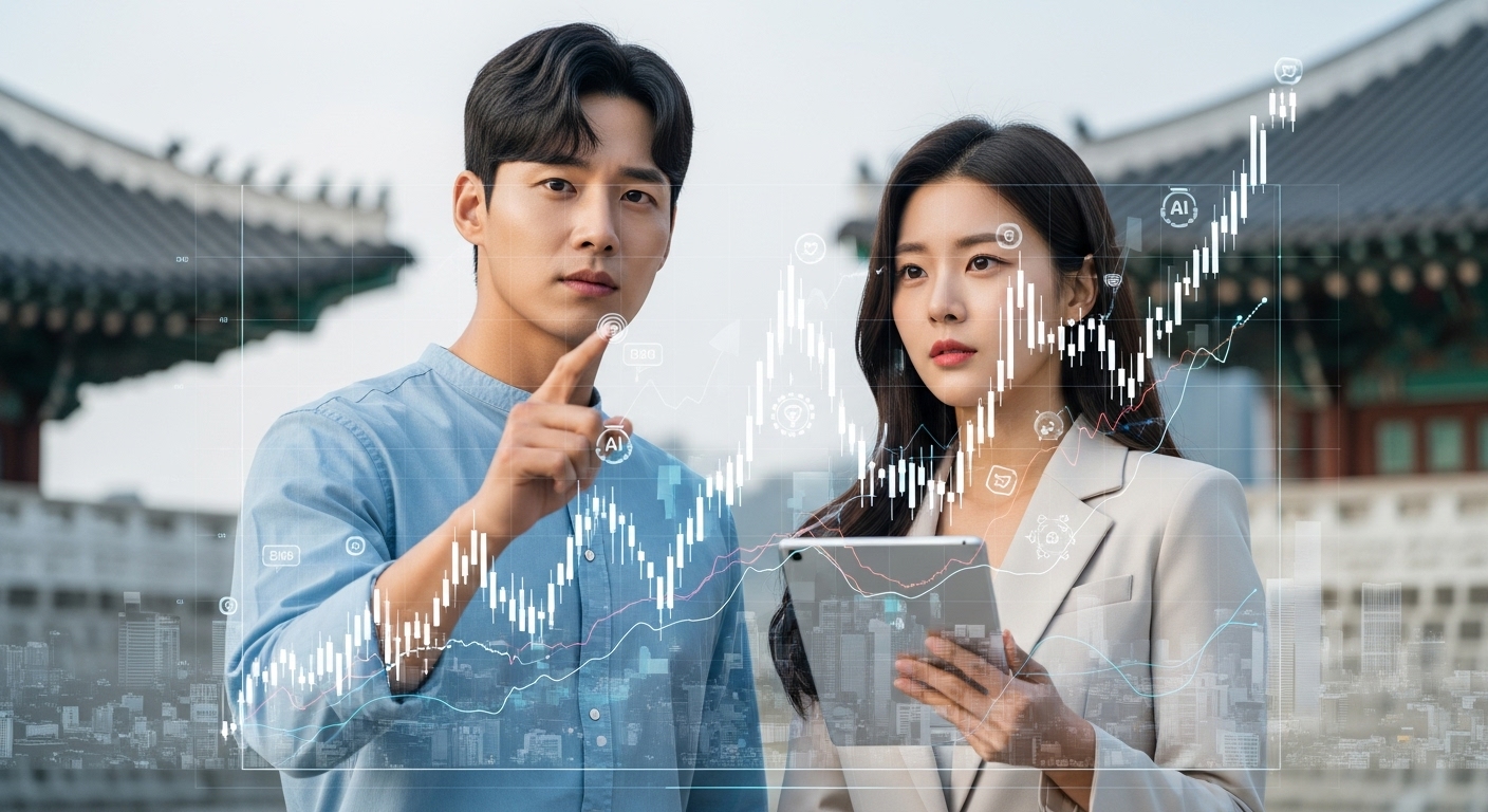 미래 도시를 배경으로 AI 주식 차트를 진지하게 분석하는 한국인 남녀 투자자들
