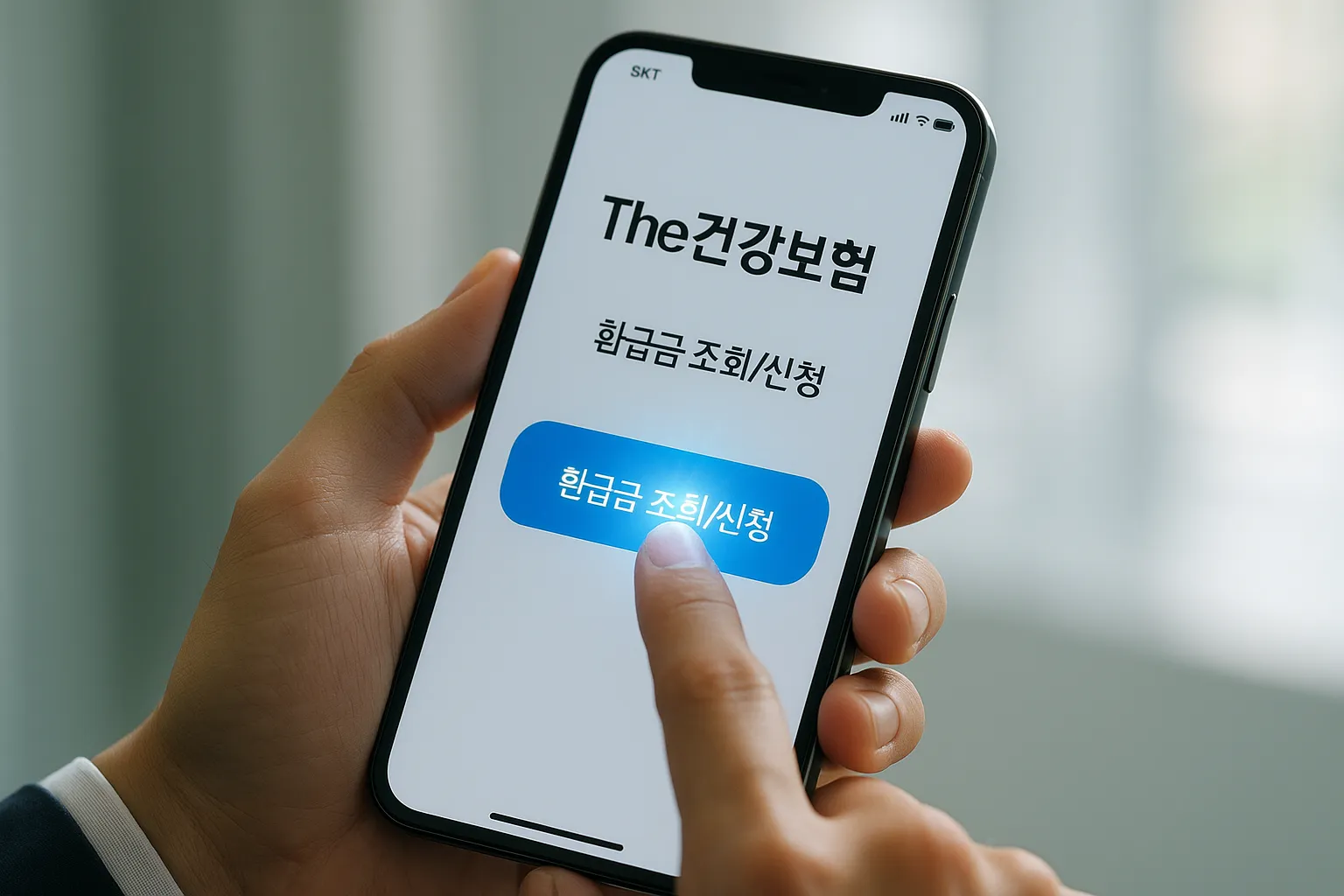 "스마트폰 The건강보험 앱을 통해 건강보험료 환급금을 조회하고 신청하는 모습"