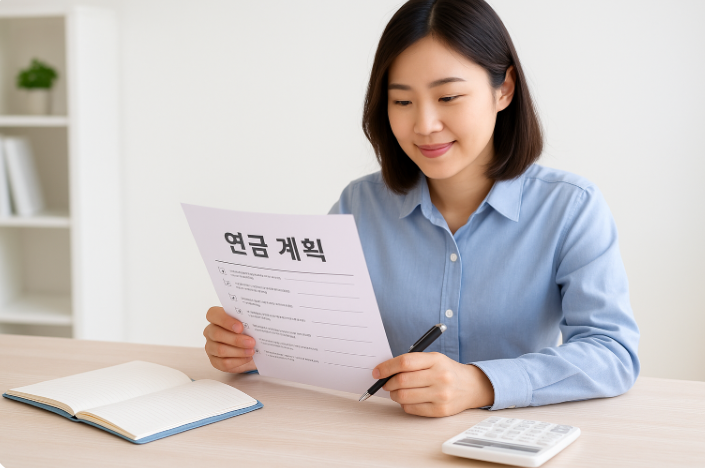 서류를 들고 계산기와 펜 앞에 앉아 연금 계획을 세우는 직장인