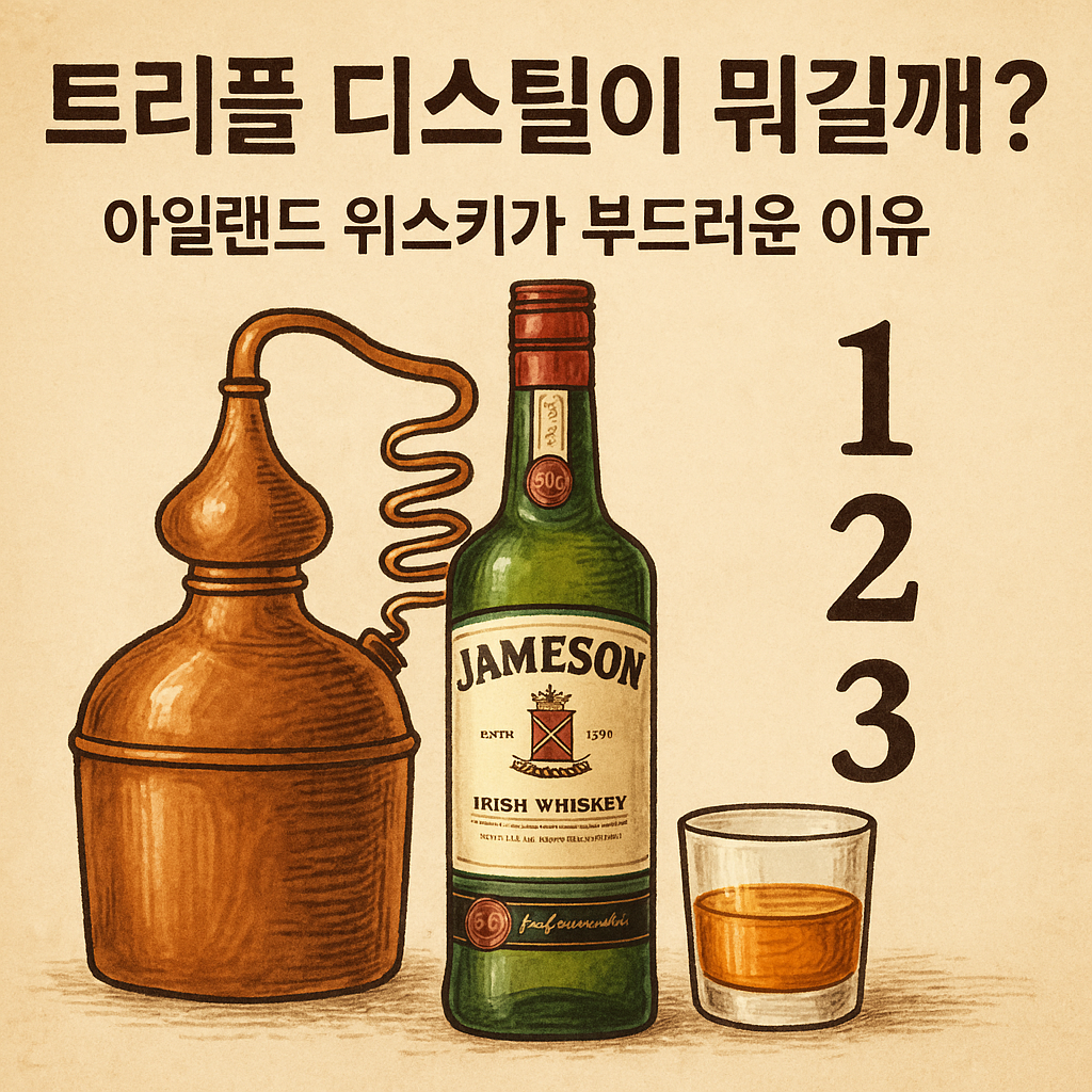 트리플 디스틸 과정을 상징하는 증류기, 제임슨 병, 위스키 잔이 함께 있는 감성 일러스트
