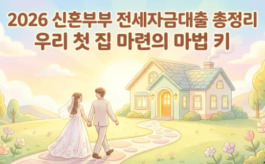 신혼부부전용 전세자금대출 조건: 따뜻한 수채화 톤 배경에 신랑 신부가 손을 잡고 아늑한 집을 향해 걸어가는 일러스트입니다. 상단에는 '2026 신혼부부 전세자금대출 총정리 우리 첫 집 마련의 마법 키' 문구가 있습니다. 2026년 기준 연 1.9% 최저 금리로 신혼부부의 전세자금 부담을 덜어주는 제도의 혜택을 상징적으로 표현한 썸네일입니다