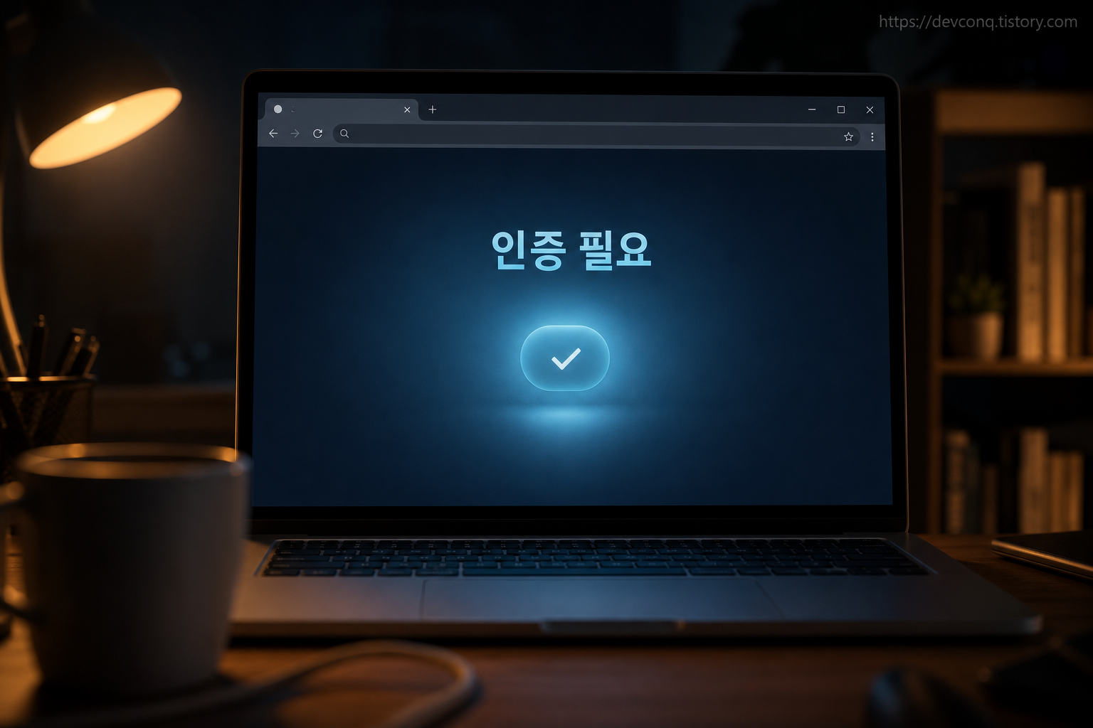 브라우저 창에 "인증 필요"라는 한글이 뜬 가짜 인증 페이지 UI 목업