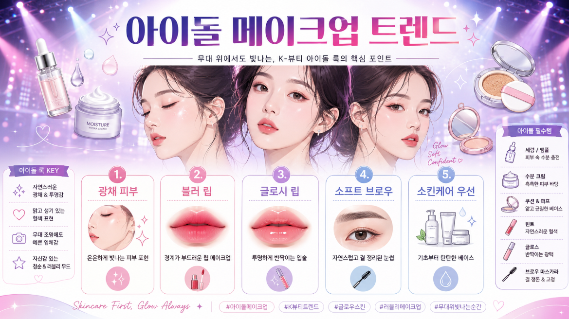 글로우 스킨 블러 립 글로시 립 등 K-팝 아이돌 메이크업 트렌드를 정리한 인포그래픽