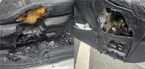 보조배터리 폭발로 타버린 차량 일부