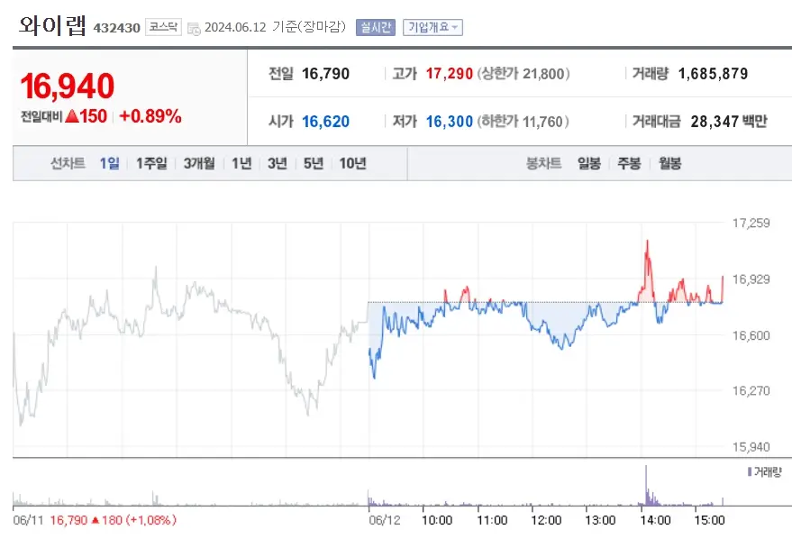 와이랩 주가분석 네이버웹툰상장 모멘텀 +0.89%상승 240612