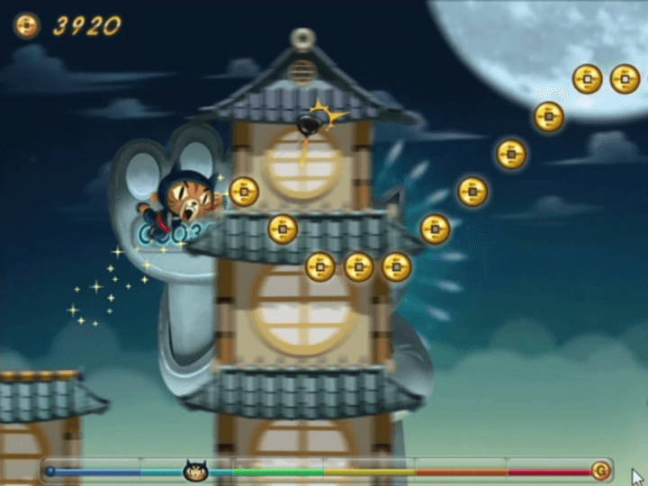 고군분투-플래시게임-플레이-건물-지붕에-와이어를-부착하고-점프하는-화면