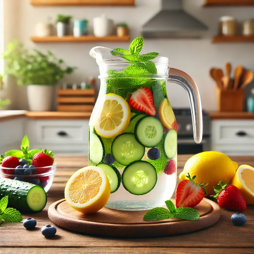 신선한 과일과 허브로 만든 디톡스 워터 피처, 건강과 수분 보충을 위한 간단한 음료
