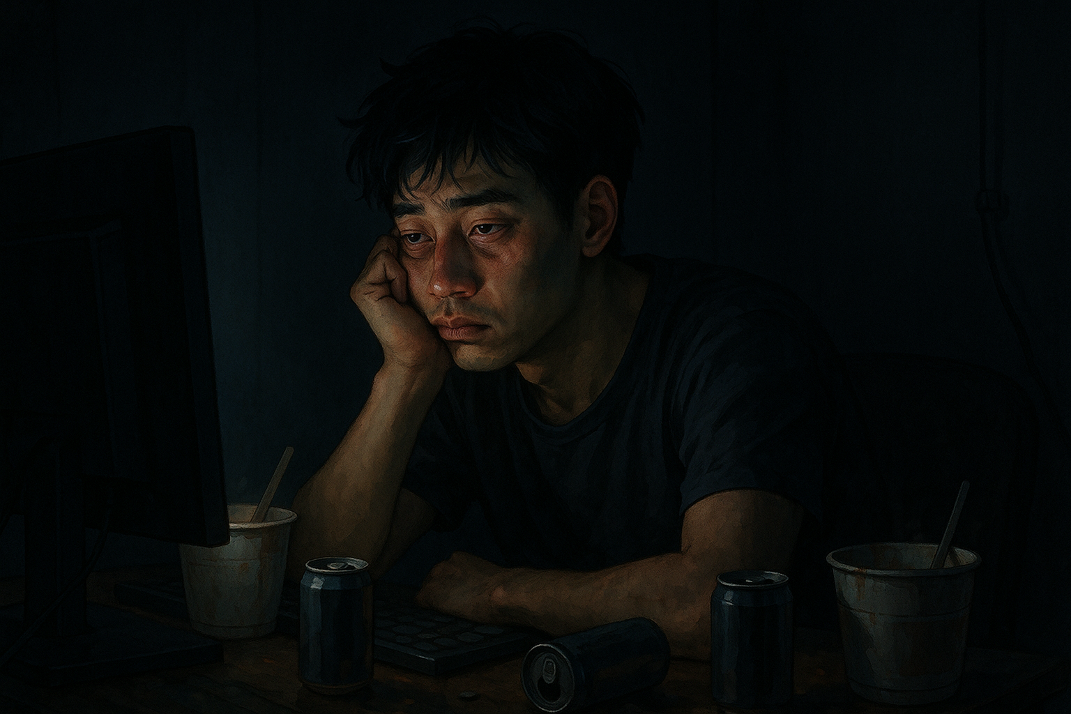 김세현 씨(가상의 인물)가 밤마다 잠을 이루지 못하고 컴퓨터 앞에 앉아 있는 모습 일러스트