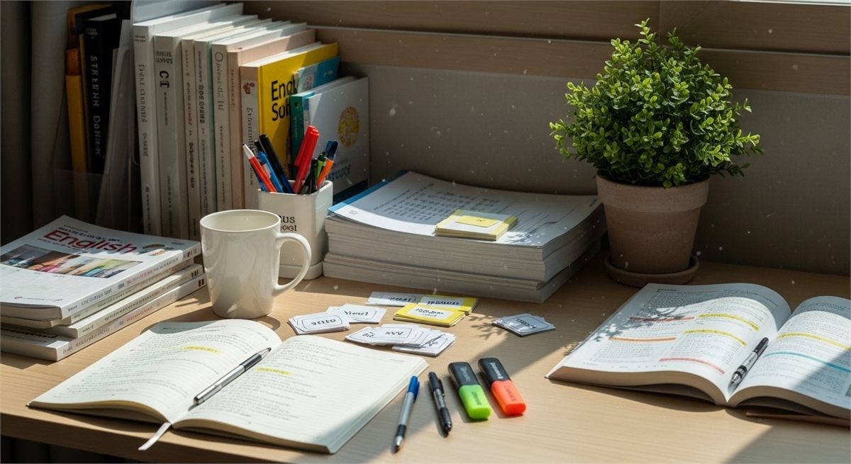 봄 분위기의 한국형 공부방에서 영어를 공부하는 공간 전경 