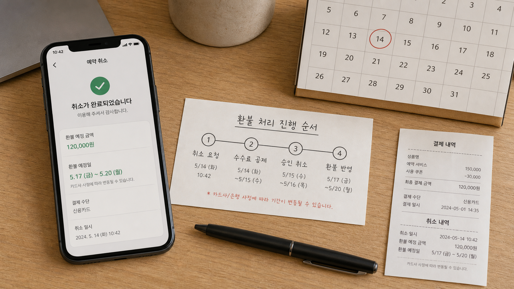 예약 취소 후 환불 예정일과 결제 수단을 확인하는 타임라인