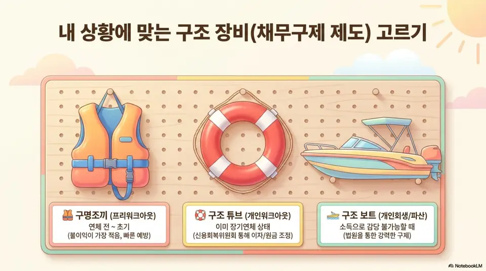 연체 단계별 채무구제 제도를 구조 장비로 비유한 일러스트. 프리워크아웃과 개인워크아웃 그리고 개인회생과 파산까지 상황에 맞는 제도를 선택할 수 있음을 시각적으로 전달하며&amp;#44; 대출 연체 시 활용 가능한 채무구제 제도 비교와 관련된 내용을 설명함 