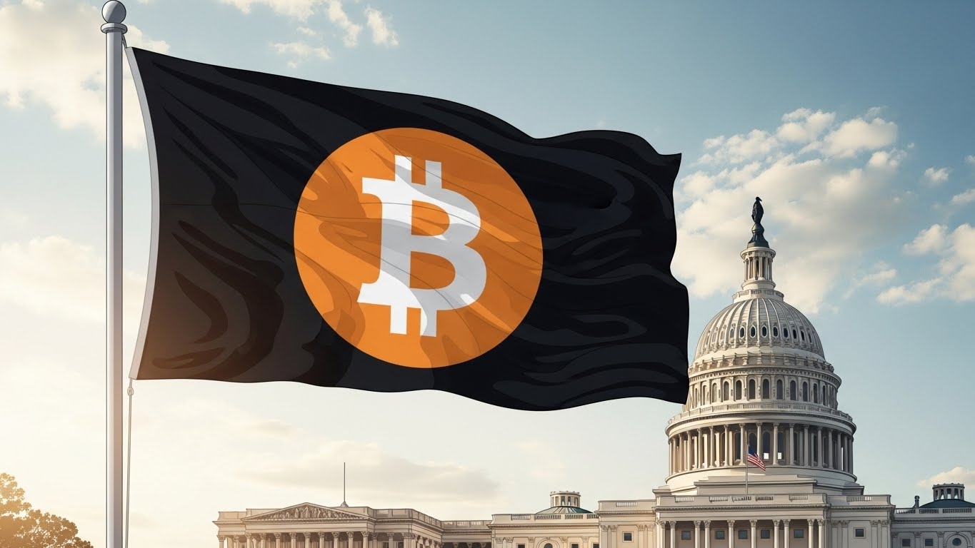 미국 국회의사당 앞에 비트코인 깃발이 희날리는 일러스트, 친화적 정책 상징