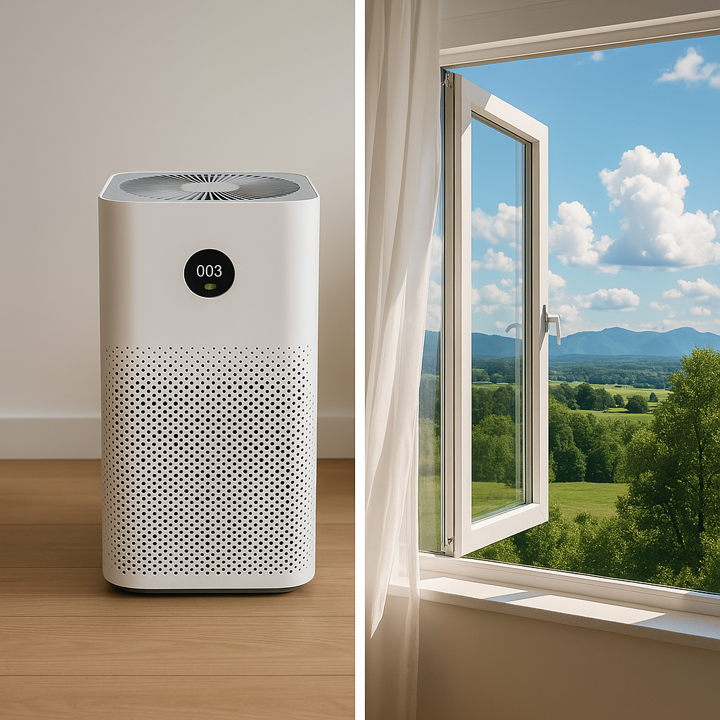 공기청정기와 창문이 열린 모습 비교