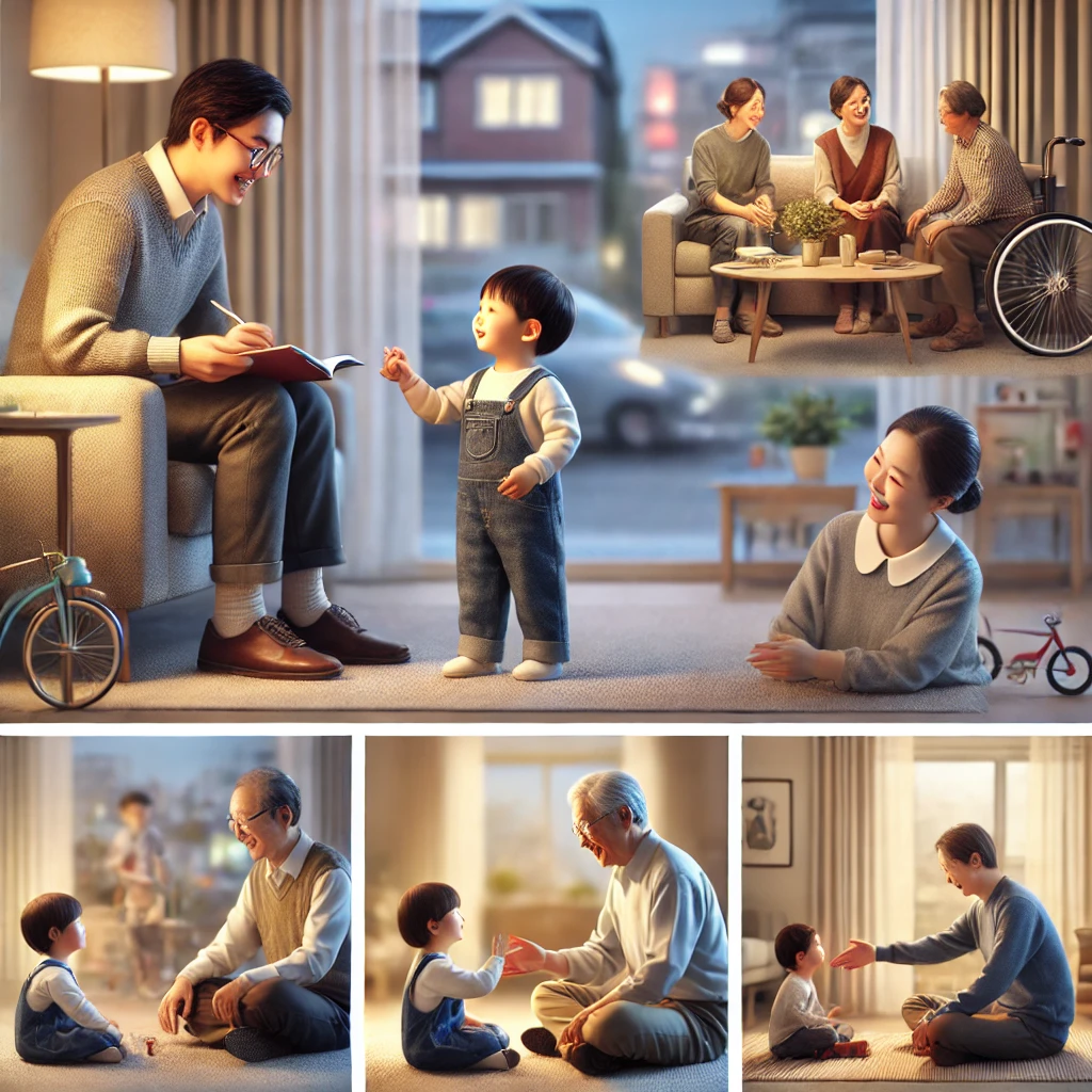 아이가 사람을 소중히 여기는 마음의 중요성을 배우고 실천하는 다양한 장면을 묘사하고 있습니다. 사랑과 배려가 담긴 따뜻한 분위기가 담겨 있습니다.