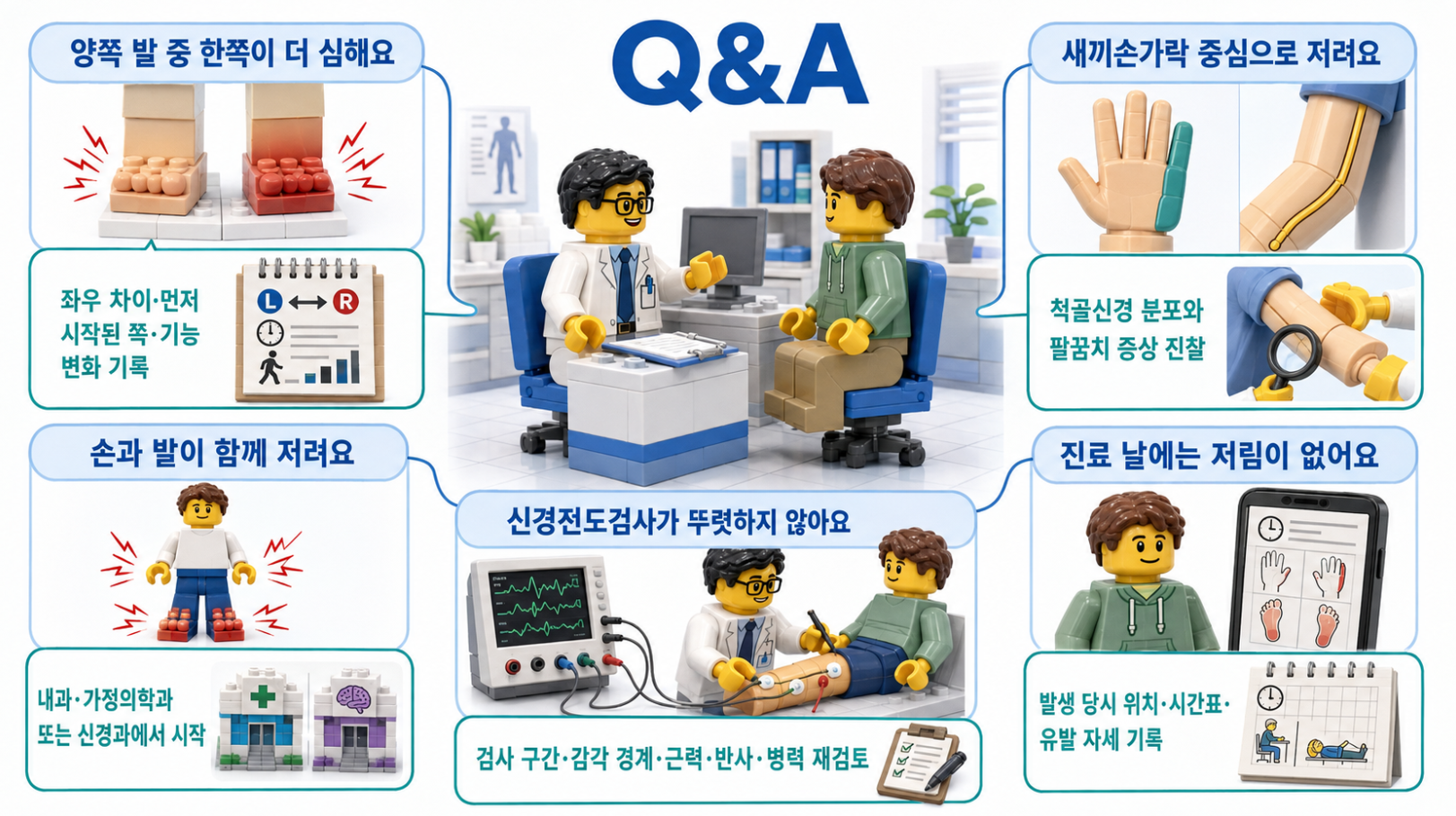 양쪽 발 중 한쪽이 더 심한 경우, 손발 동시 저림, 새끼손가락 저림, 진료 당일 증상이 없는 경우와 신경전도검사가 뚜렷하지 않은 경우를 정리한 레고 스타일 Q&A 인포그래픽