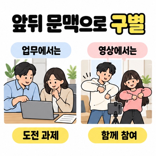 업무를 함께 살피는 동료의 도전 과제와 춤 영상을 찍는 친구들의 함께 참여를 나란히 비교해 문맥에 따른 의미 차이를 보여 준 그림