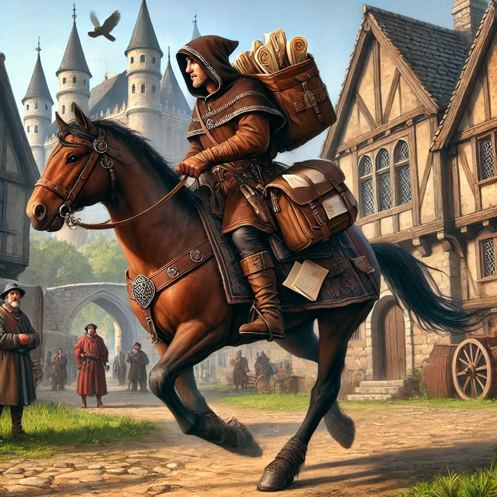중세 유럽 봉건사회 우편 전달자(Courrier)가 말을 타고 우편을 전달하러 가고 있는 모습