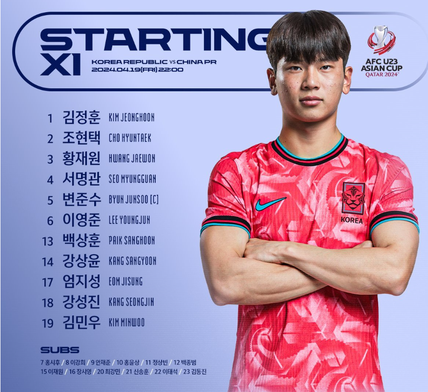 U23 중국 대한민국 선발라인업