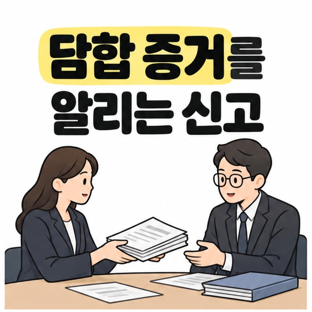 담합 증거를 알리는 신고 문구 아래 여성이 문서 묶음을 건네고 맞은편 남성이 받으려는 모습
