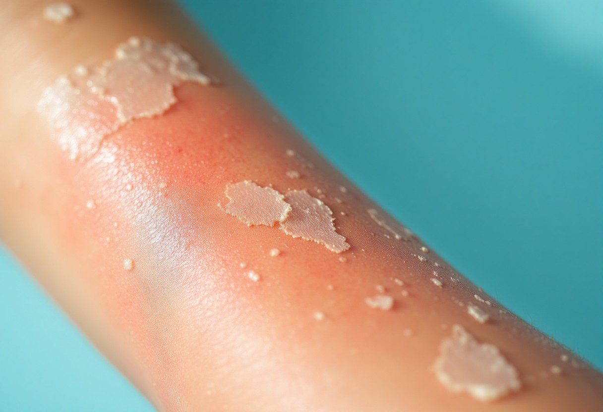 심한 일광화상 후 나타나는 물집과 피부 벗겨짐 증상