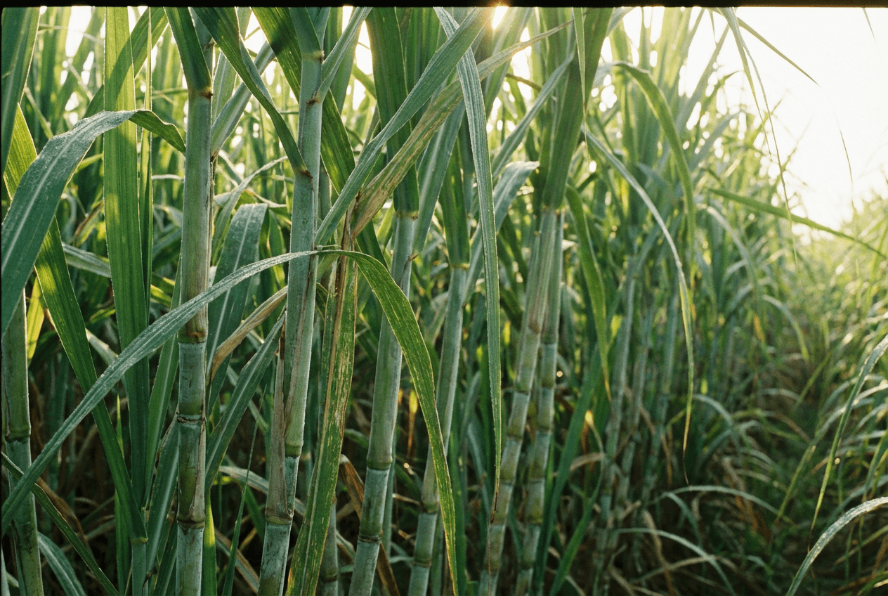 사탕수수 밭과 식물성 원료가 부드러운 빛을 받는 건강한 분위기